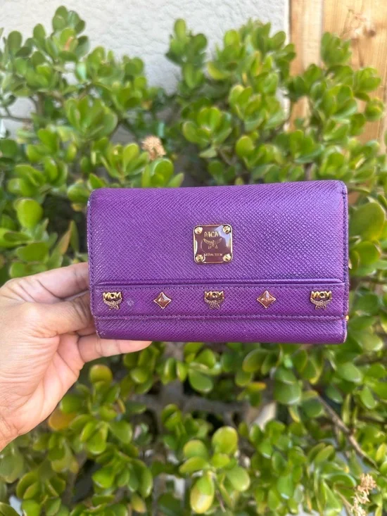 MCM Purple Saffiano Leather Logo Plaque Wallet with Gold Studs - Picture 2 of 12